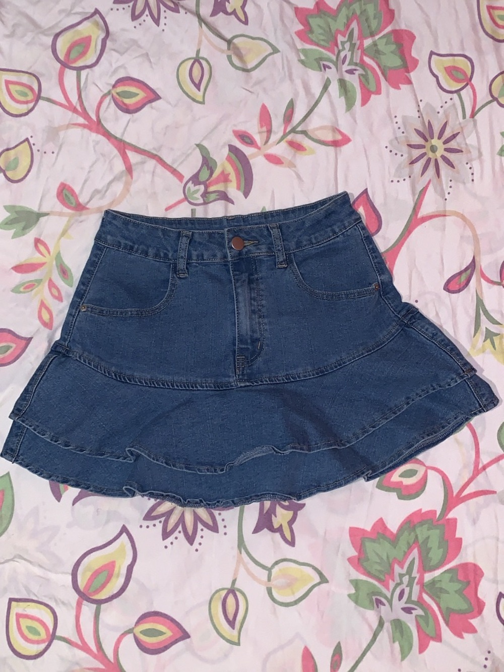 SHEIN Blue Denim Ruffle Hem Skater Mini Skirt